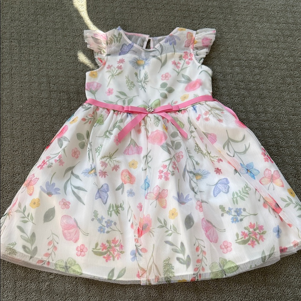 Rare Editions Floral Mesh Dress with Pink and Green Accents
